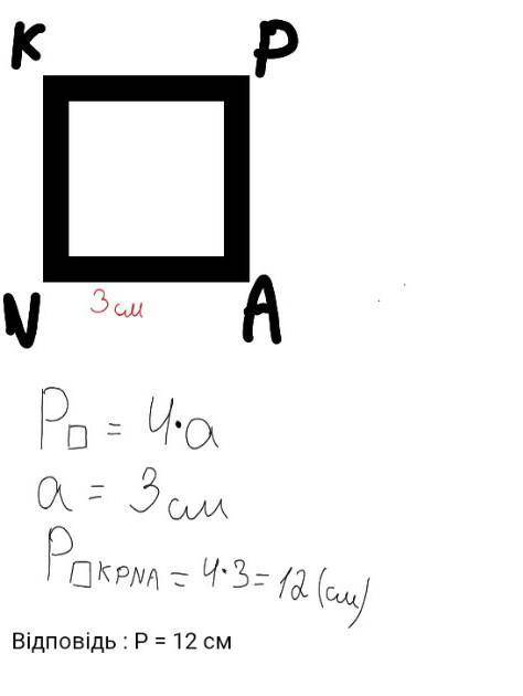 Накресли квадрат kpna зі стороною 3 см ,о бчисли його периметр