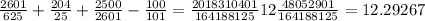  \frac{2601}{625} + \frac{204}{25} + \frac{2500}{2601} - \frac{100}{101} = \frac{2018310401}{164188125 } 12 \frac{48052901}{164188125} = 12.29267 