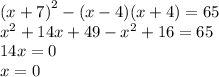  {(x + 7)}^{2} - (x - 4)(x + 4) = 65 \\ {x}^{2} + 14x + 49 - {x}^{2} + 16 = 65 \\ 14x = 0 \\ x = 0