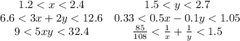 \begin{array}{cc}1.2<x<2.4&1.5<y<2.7\\6.6<3x+2y<12.6&0.33<0.5x-0.1y<1.05\\9<5xy<32.4&\frac{85}{108}<\frac1x+\frac1y<1.5\end{array}