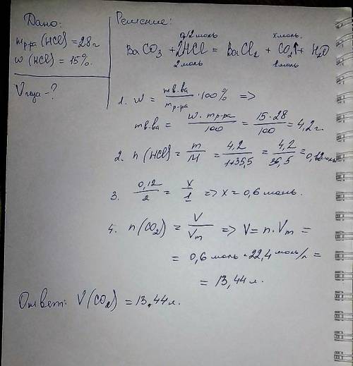 Найти объём газа при реакции карбоната бария с раствором соляной кислоты массой 28 г и массой долей 