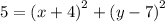 5 = {(x + 4)}^{2} + {(y - 7)}^{2} 