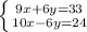 \left \{ {{9x+6y=33} \atop {10x-6y=24}} \right.