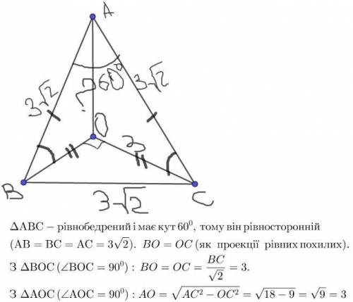 Зточки а до площини проведено дві похилі ab та ac, які дорівнюють 3√2 см кожна, і перпендикуляр ао. 