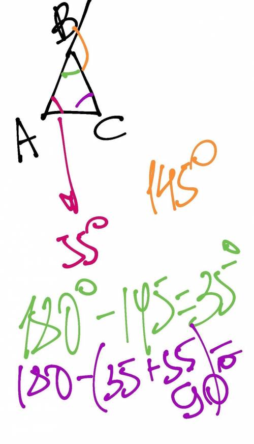 Втреугольнике abc угол а равен 55 градусам, внешний угол при вершине b равен 145. найдите угол c