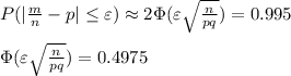 P(|\frac{m}{n}-p|\leq \varepsilon)\approx 2\Phi( \varepsilon\sqrt{\frac{n}{pq} } )=0.995 \\ \\ \Phi( \varepsilon\sqrt{\frac{n}{pq} } )=0.4975