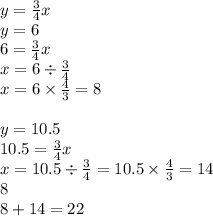 y = \frac{3}{4} x \\ y = 6 \\ 6 = \frac{3}{4} x \\ x = 6 \div \frac{3}{4} \\ x = 6 \times \frac{4}{3} = 8 \\ \\ y = 10.5 \\ 10.5 = \frac{3}{4} x \\ x = 10.5 \div \frac{3}{4} = 10.5 \times \frac{4}{3} = 14 \\ 8 \\ 8 + 14 = 22