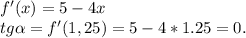 f^\prime(x)=5-4x\\tg\alpha = f^\prime(1,25)=5-4*1.25=0.