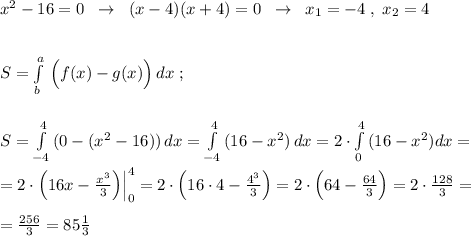 x^2-16=0\; \; \to \; \; (x-4)(x+4)=0\; \; \to \; \; x_1=-4\; ,\; x_2=4\\\\\\S=\int\limits^a_b\, \Big (f(x)-g(x)\Big )\, dx\; ;\\\\\\S=\int\limits^4_{-4}\, (0-(x^2-16))\, dx=\int\limits^4_{-4}\, (16-x^2)\, dx=2\cdot \int\limits^4_0\, (16-x^2)dx=\\\\=2\cdot \Big (16x-\frac{x^3}{3}\Big )\Big |_0^4=2\cdot \Big (16\cdot 4-\frac{4^3}{3}\Big )=2\cdot \Big (64-\frac{64}{3}\Big )=2\cdot \frac{128}{3}=\\\\=\frac{256}{3}=85\frac{1}{3}