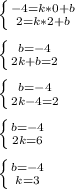 \left \{ {{-4=k*0+b} \atop {2=k*2+b}} \right.\\\\\left \{ {{b=-4} \atop {2k+b=2}} \right.\\\\\left \{ {{b=-4} \atop {2k-4=2}} \right.\\\\\left \{ {{b=-4}} \atop {2k=6}} \right.\\\\\left \{ {{b=-4} \atop {k=3}} \right.