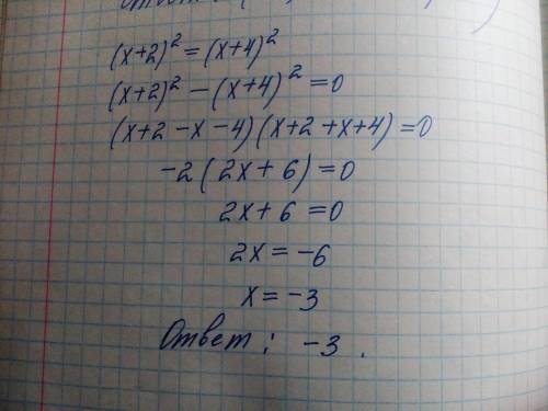 Решите уравнение (x+2)^2=(x+4)^2 ответ: -3