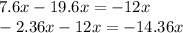 7.6x - 19.6 x= - 12x \\ - 2.36x - 12x = - 14.36x