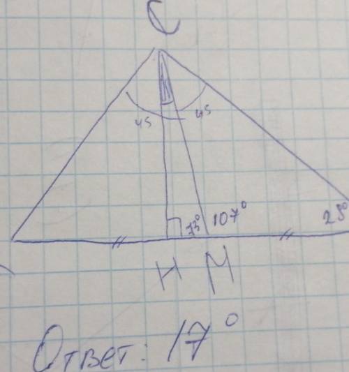 Из вершины прямого угла c треугольника abc проведены биссектриса cm и высота ch найдите угол hcm есл