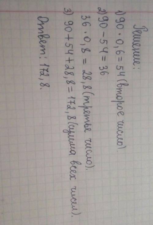 1число 90 второе число равно 60% от 1 числа а 3 число равно 80% от разности 1 и 2 чисел вычислите су