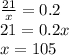  \frac{21}{x} = 0.2 \\ 21 = 0.2x \\ x = 105