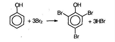 При взаимодействие фенола с бромной водой образуется нерастоворимый в воде 2,4 6-трибромфенол. при д