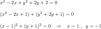 x^2-2x+y^2+2y+2=0\\\\(x^2-2x+1)+(y^2+2y+1)=0\\\\(x-1)^2+(y+1)^2=0\; \; \; \Rightarrow \; \; \; x=1\; ,\; \; y=-1