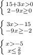 \left \{ {{15+3x0} \atop {2-9x\geq0 }} \right.\\\\\left \{ {{3x-15} \atop {-9x\geq-2 }} \right.\\\\\left \{ {{x-5} \atop {x\leq\frac{2}{9} }} \right.