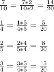 \frac{7}{10}= \frac{7*2}{10*2}=\frac{14}{20} \\ \\ \frac{1}{4}=\frac{1*5}{4*5}=\frac{5}{20}\\ \\ \frac{2}{5}= \frac{2*4}{5*4}=\frac{8}{20} \\ \\ \frac{3}{4}=\frac{3*5}{4*5}=\frac{15}{20}