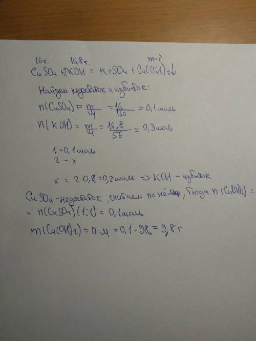 Найти массу осадка полученного при взаимодействии 16 г cuso4 и 16,8 koh