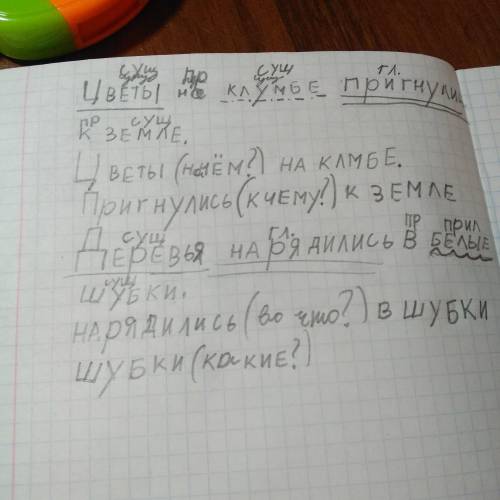 Разбор предложении. цветы на клумбе пригнулись к земле. деревья нарядились в белые шубки.