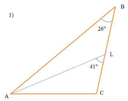 Втреугольнике abc проведена биссектриса al, угол alc равен 41, угол abc равен 26. hайдите угол acb. 