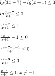 lg(3x-7)-lg(x+1)\leq0\\\\lg\frac{3x-7}{x+1}\leq0\\\\\frac{3x-7}{x+1} \leq1\\\\\ \frac{3x-7}{x+1}-1\leq0\\\\\frac{3x-7-x-1}{x+1}\leq0\\\\\frac{2x-8}{x+1}\leq0\\\\\frac{x-4}{x+1}\leq0,x\neq-1