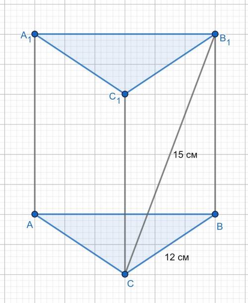 Диагональ боковой грани правильной треугольной призмы равна 15 см,а сторона основания 12 см . найдит