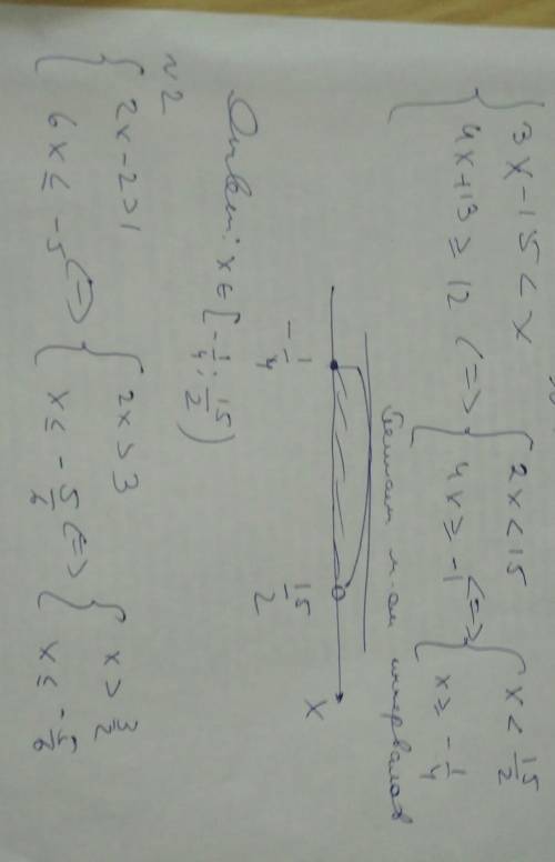 Сделайте систему первенств, : 1. {3x - 15 < x {4x +13 > или равно 12 2. {2x-2> 1 {6x