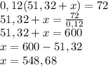 0,12(51,32+x)=72\\51,32+x = \frac{72}{0,12}\\51,32+x = 600\\x = 600-51,32\\x = 548,68