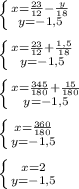 \left \{ {{x=\frac{23}{12}-\frac{y}{18}} \atop {y=-1,5}} \right. \\\\\left \{ {{x =\frac{23}{12} + \frac{1,5}{18}\\}} \atop {y=-1,5}} \right.\\\\\left \{ {{x=\frac{345}{180} + \frac{15}{180}} \atop {y=-1,5}} \right.\\\\\left \{ {{x=\frac{360}{180}} \atop {y=-1,5}} \right.\\\\\left \{ {{x=2} \atop {y=-1,5}} \right.\\