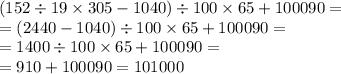 (152 \div 19 \times 305 - 1040) \div 100 \times 65 + 100090 = \\ = (2440 - 1040) \div 100 \times 65 + 100090 = \\ = 1400 \div 100 \times 65 + 100090 = \\ = 910 + 100090 = 101000