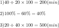 1)40 \div 20 \times 100 = 200(min) \\ \\ 2)100\% - 60\% = 40\% \\ \\ 3)20 \div 40 \times 100 = 500(min)