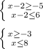 \left \{ {{x-2\geq -5} \atop {x-2\leq 6}} \right. \\\\\left \{ {{x\geq -3} \atop {x\leq 8}} \right.