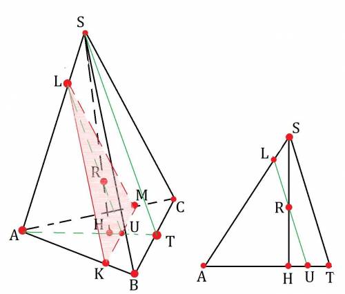 На ребре ab правильной треугольной пирамиды sabc с основанием abc отмечена точка k, причём ak=15, bk