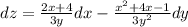 dz=\frac{2x+4}{3y}dx-\frac{x^2+4x-1}{3y^2}dy