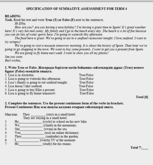 SPECIFICATION OF SUMMATIVE ASSESSMMENT FOR TERM READING Task . Read the text and write True ( T ) or