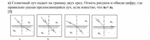 10б.Солнечный луч падает на границу двух сред. Отметь рисунок и обведи цифру, где правильно указан п