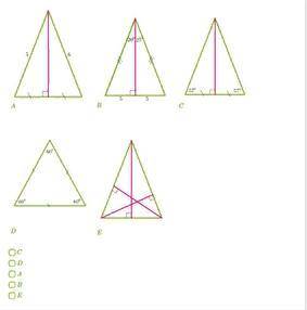 Даны рисунки пяти треугольников, на которых дана некоторая информация об углах и отрезках. На которы