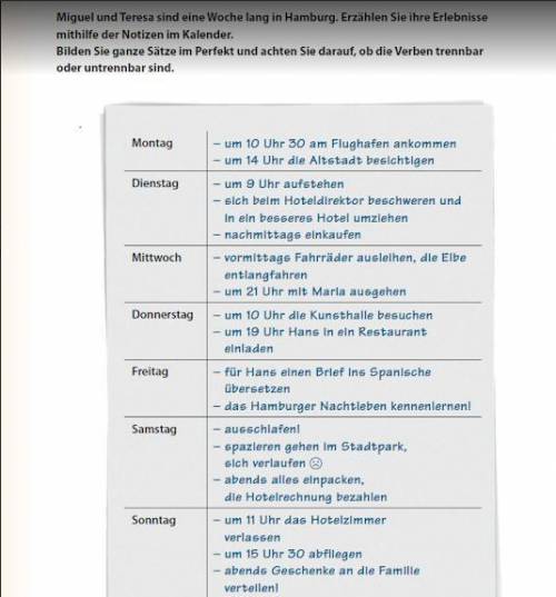 Schreibt eine Geschichte in Perfekt! Alle Redemittel und Tage müsst ihr benutzen. z.B. Miguel und T