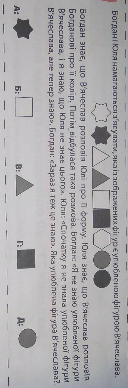 Богдан і Юля намагалися з'ясувати , яка із зображених фігур є улюбленою фігурою В'ячеслава. Богдан з