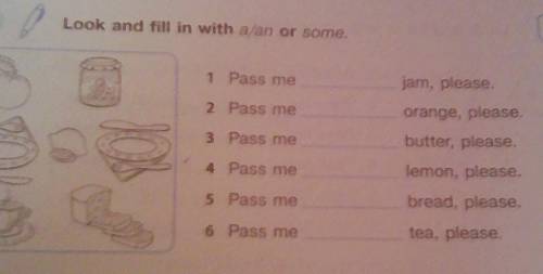 Look and fill in with a/an or some,1 Pass mejam, please2 Pass me3 Pass me4 Pass meorange, pleasebutt