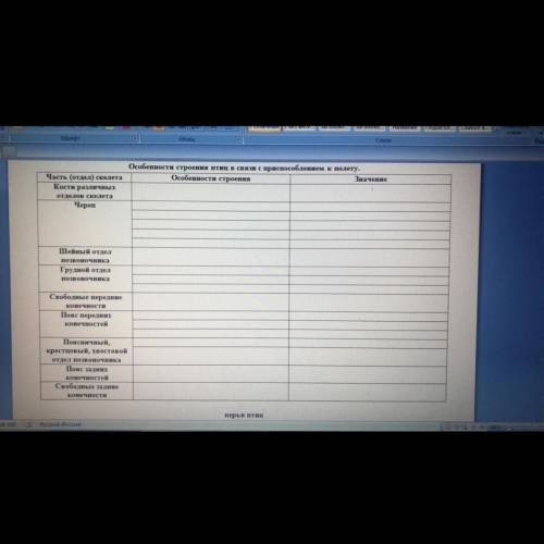 ОТ РЕШИТЕ ТАБЛИЦУ, УМАЛЯЮ. Таблица по биологии, тема : особенности строения птиц с при к полёту. мож