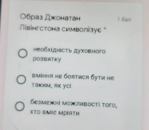 Образ ДжонатанЛівінгстона символізуєнеобхідність духовногорозвиткувміння не боятися бути нетаким, як