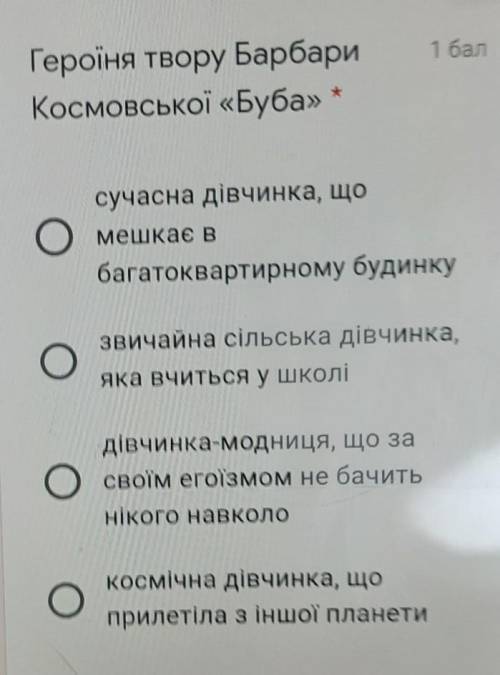 Героїня твору БарбариКосмовської «Буба» *сучасна дівчинка, щоОмешкає вбагатоквартирному будинкузвич