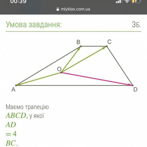 Маємо трапецію ABCD, у якої AD=4BC. Вирази вектор OD через вектори OA,OB i OC. Відповідь: OD= _ * O