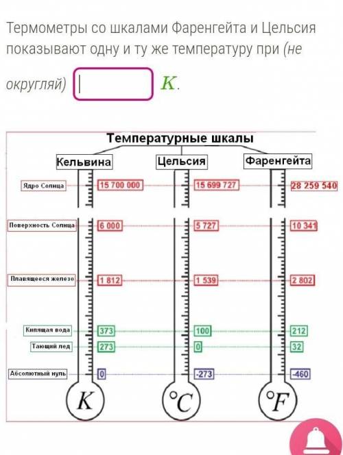 При какой температуре термометры с разными шкалами (Кельвина, Цельсия или Фаренгейта) показывают од