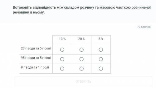 Встановіть відповідність між складом розчину та масовою часткою розчиненої речовини в ньому.