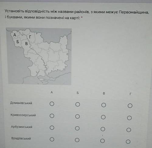 Установітьустановіть відповідність між назвами районів з якими межує первомайщина і буквами якими в