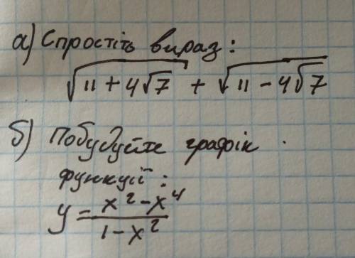 А)С ть вираз √11+4√7+√11-4√7б)Побудуйте графік функції y=2²-x⁴/1-x²​